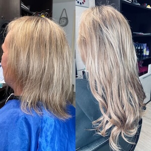 Lange blonde Haare, vor dem Friseurbesuch kurz und abgebrochen und danach schöne lange geschwungene Haare