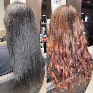 Lange braune Haare, vor dem Friseurbesuch in schwarz ganz glatt und danach lockig, mit schöner brauner Farbe