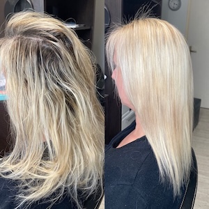 Halblange herausgewachsene blonde Haare, vor dem Friseurbesuch und danach ein tolles gleichmäßiges Blond mit gleichmäßigem Haarschnitt