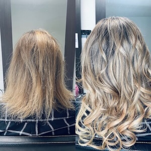 Schulterlange braune Haare, vor dem Friseurbesuch und danach üppige lange wellige Haarpracht