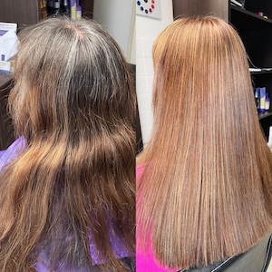 Lange braune Haare, vor dem Friseurbesuch und danach